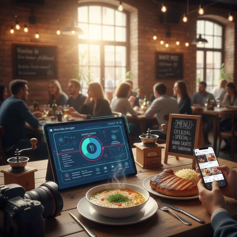 Kelnerka serwuje danie w lokalnej restauracji, ilustrując efekty dobrze ustawionej kampanii Facebook Ads 2026 przyciągającej nowych gości