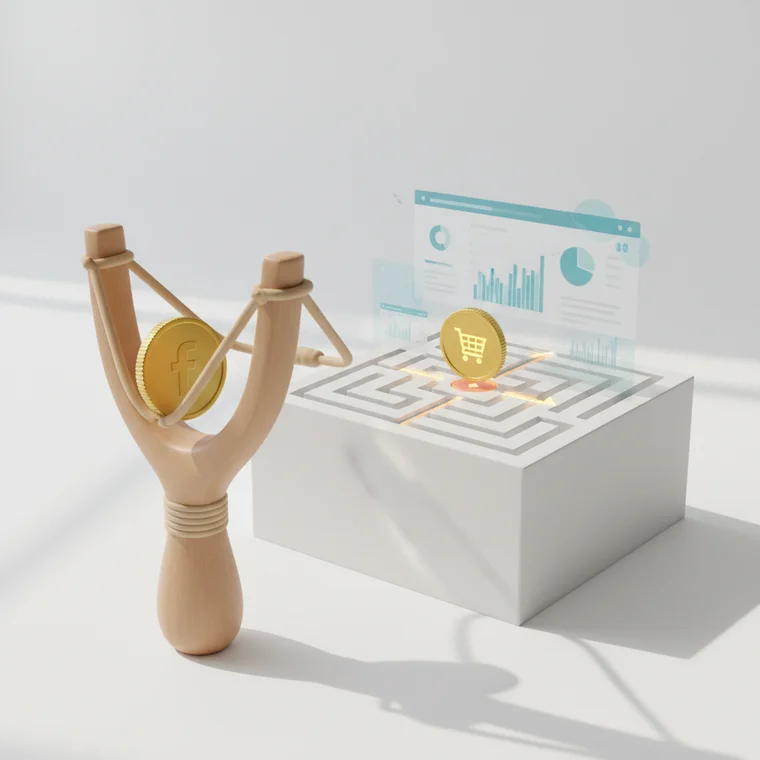 Mały właściciel e-commerce analizuje kampanie Facebook Ads na laptopie, szukając najczęstszych błędów i sposobów na optymalizację reklam