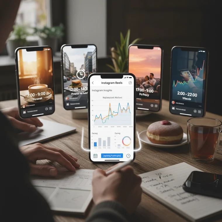 Wykres z godzinami największej aktywności użytkowników pokazujący, kiedy najlepiej publikować rolki na Instagramie w Polsce w dni robocze i weekendy, z czytelnymi przedziałami czasowymi
