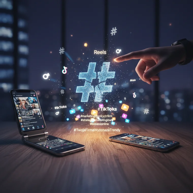 Schemat strategii social media pokazujący, jak mądrze używać hashtagów w marketingu, z naciskiem na jakość treści i algorytmy