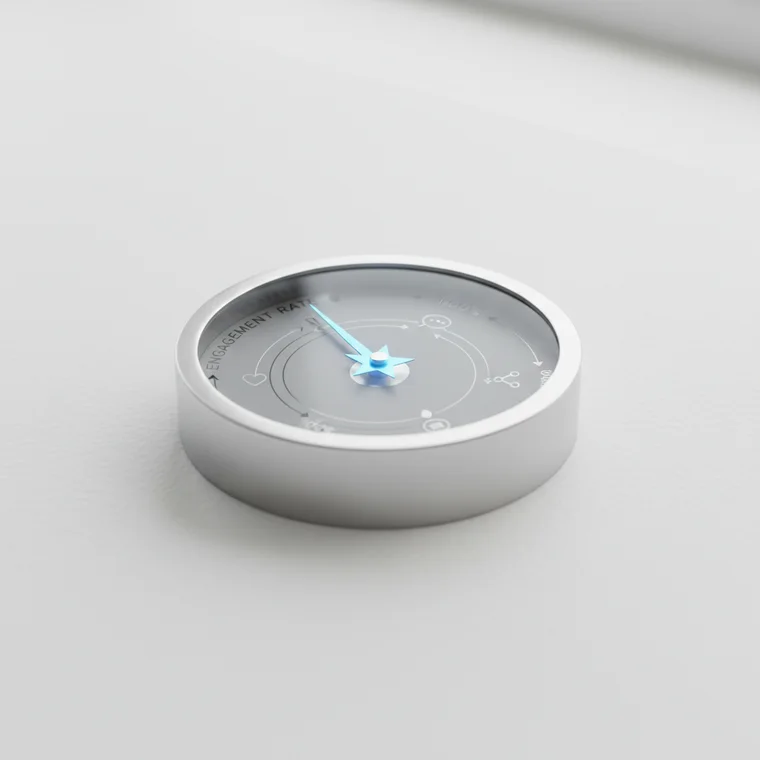 Schemat prezentujący engagement rate w social mediach – użytkownicy reagują na posty, polubienia, komentarze i udostępnienia jako wskaźnik zaangażowania