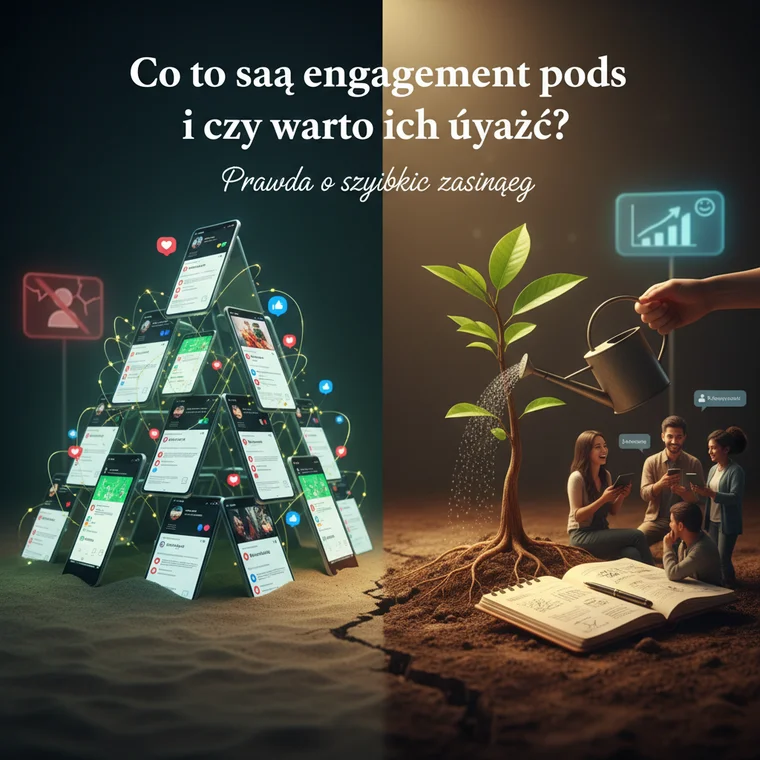 Ręce nad laptopem z wykresami social media, ilustrujące analizę zasięgów i skutki używania engagement pods w strategii marketingowej