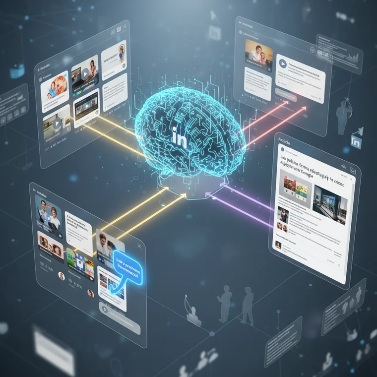 Widok posta na LinkedIn z grafiką i zewnętrznym linkiem, zilustrowany schematem optymalizacji treści i call to action