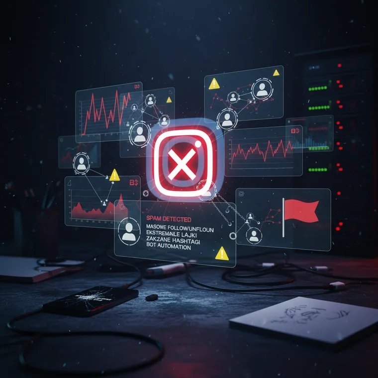Panel statystyk Instagrama z ostrzeżeniem o spadku zasięgów, pokazujący skutki uznania konta za spamerskie przez algorytm
