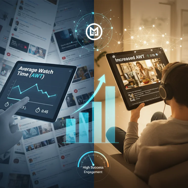 Twórca wideo analizuje wykresy Average Watch Time na ekranie laptopa, planując optymalizację treści pod algorytmy social media