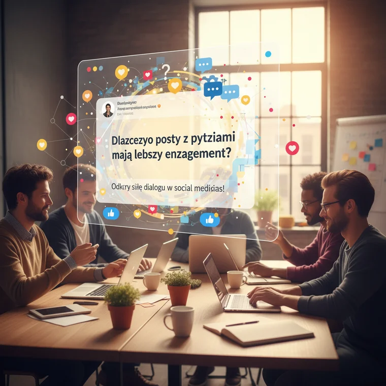 Zespół marketingowy analizujący odpowiedzi na pytania w social media, tworzący nowe pomysły na treści i strategie zwiększania engagement