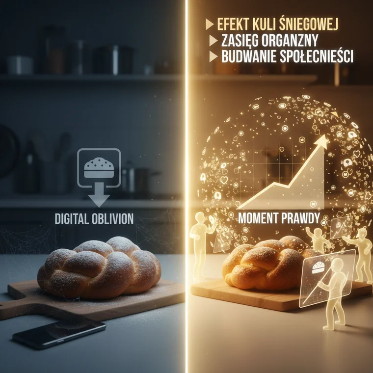 Twórca analizujący statystyki postów w social mediach, widoczny wzrost zasięgu dzięki zaangażowaniu w pierwszych godzinach publikacji