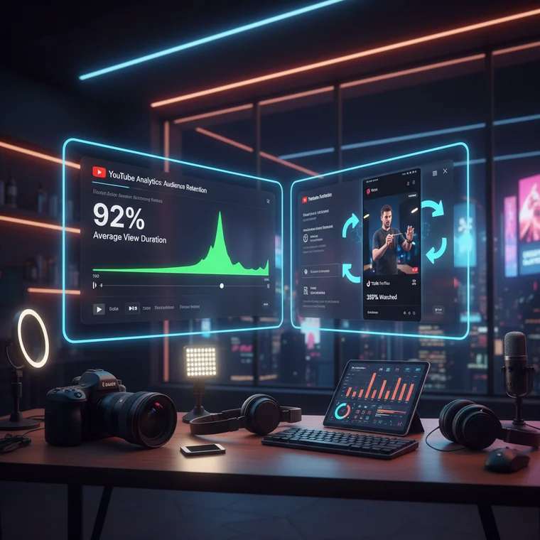 Dashboard analityczny TikToka z wykresem retention rate i rewatchy, pokazujący jak krótkie wideo utrzymuje uwagę widzów