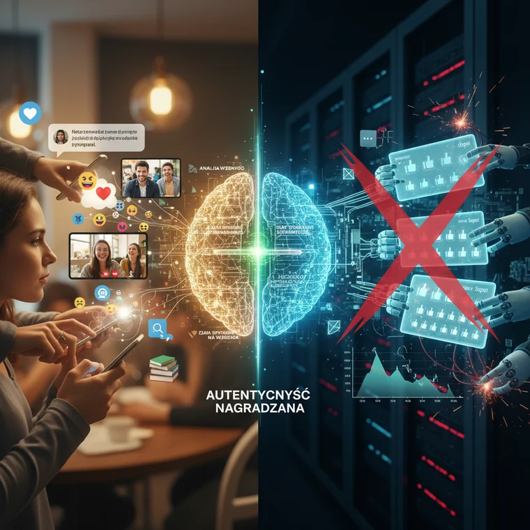 Schemat algorytmu Instagrama analizującego autentyczne i sztuczne zaangażowanie, pokazany na ekranach urządzeń mobilnych marki