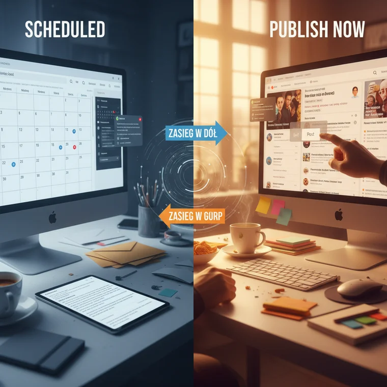 Ilustracja strategii social media: kalendarz publikacji, wykres zasięgów oraz ikony publish now i scheduled posts z zaznaczonym zaangażowaniem