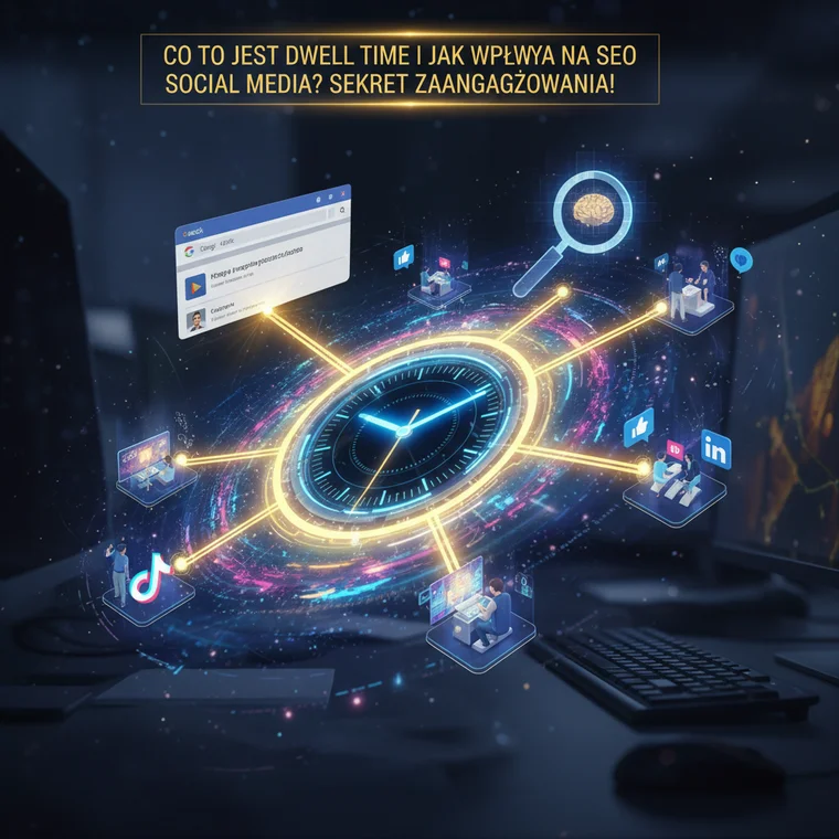 Infografika pokazująca jak długi dwell time w social mediach wpływa na ruch na stronie, SEO i pozycjonowanie marki w wynikach wyszukiwania