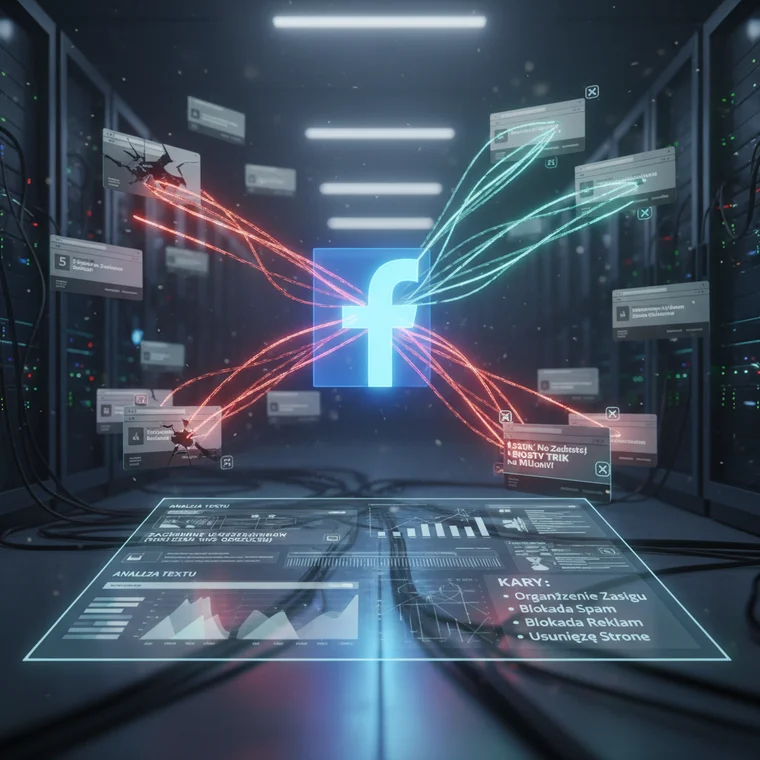 Schemat procesu: system kar za clickbait na Facebooku, od analizy nagłówków po spadek zasięgów i blokadę strony