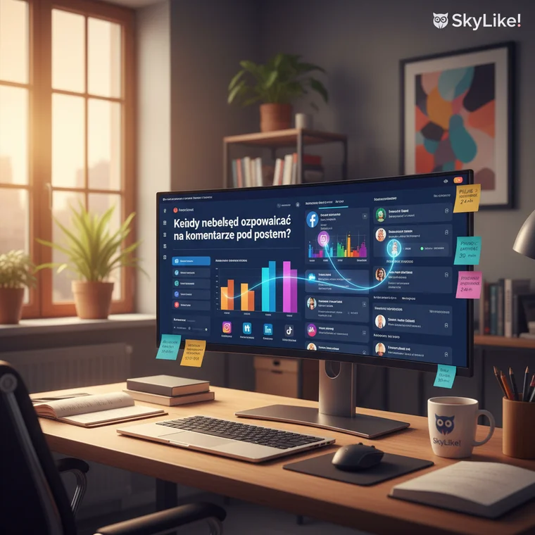 Specjalista social media analizuje komentarze pod postem na kilku platformach, planując kiedy najlepiej odpowiadać na komentarze pod postem dla maksymalnego efektu