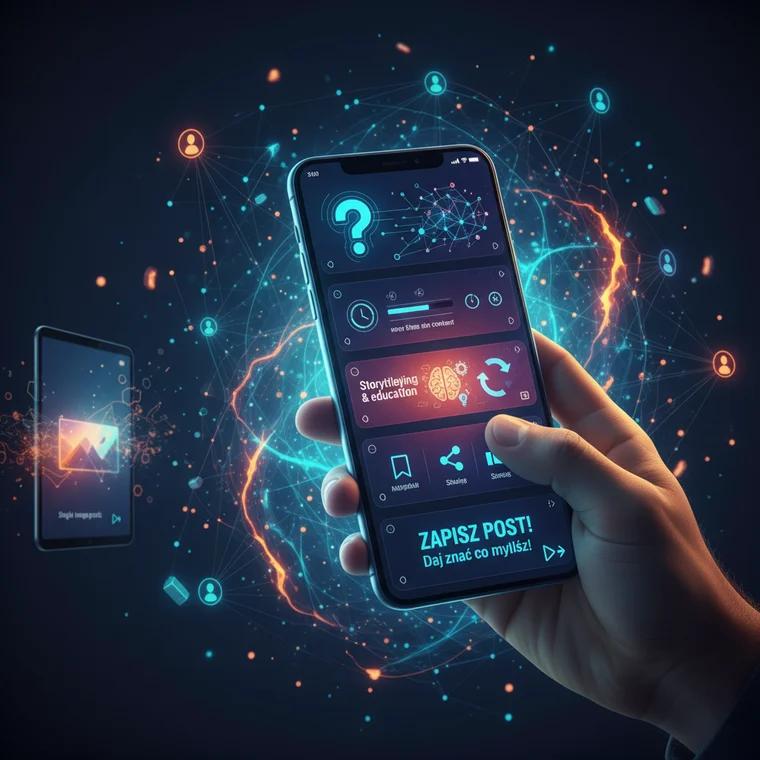 Schemat pokazujący, jak działają karuzele w social media i dlaczego carousel posts generują większe zaangażowanie oraz zasięg