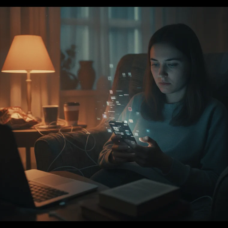 Marketer analizujący spadek zasięgów i zaangażowania na wykresach, ilustrujący wpływ social media fatigue na wyniki kampanii