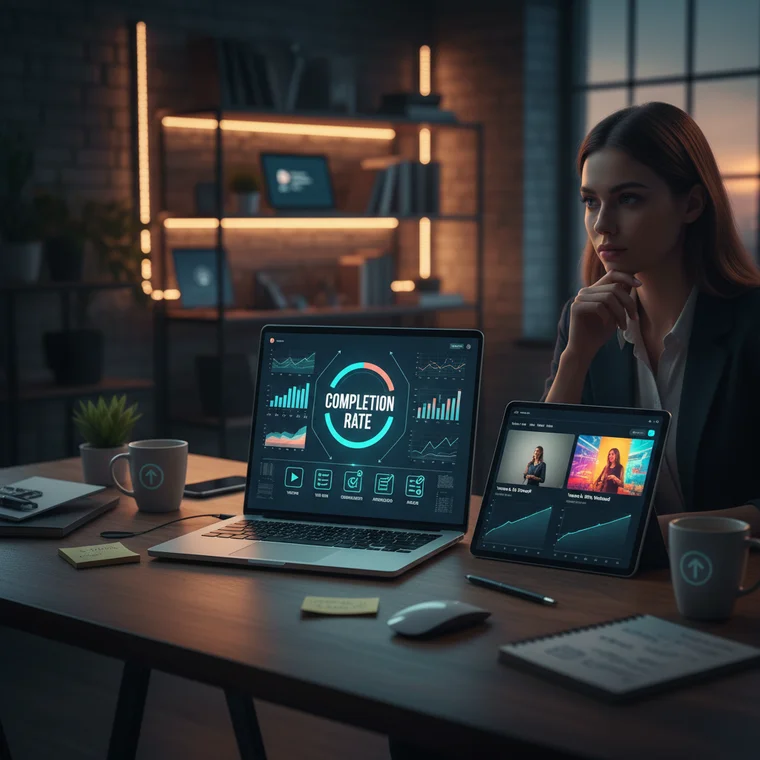 Schemat procesu zwiększania completion rate formularzy online, pokazujący uproszczenie pól, podział na etapy i wskaźnik postępu użytkownika