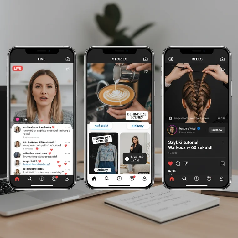Praktyczna strategia kiedy używać Instagram Live vs Stories vs Reels, pokazana na kreatywnym planie treści