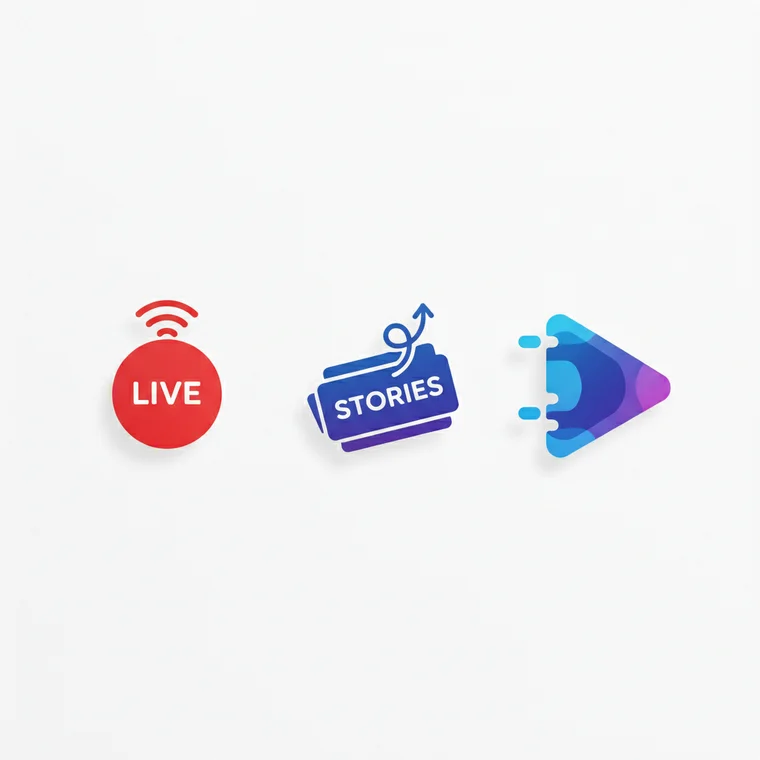Strategia użycia Instagram Live, Stories i Reels na ekranie telefonu, omawiająca kiedy warto używać Instagram Live vs Stories vs Reels