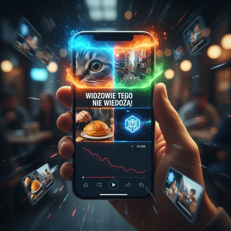 Kreatywny montaż pionowego wideo do social media, pierwsze trzy sekundy filmu marketingowego z mocnym wizualnym haczykiem