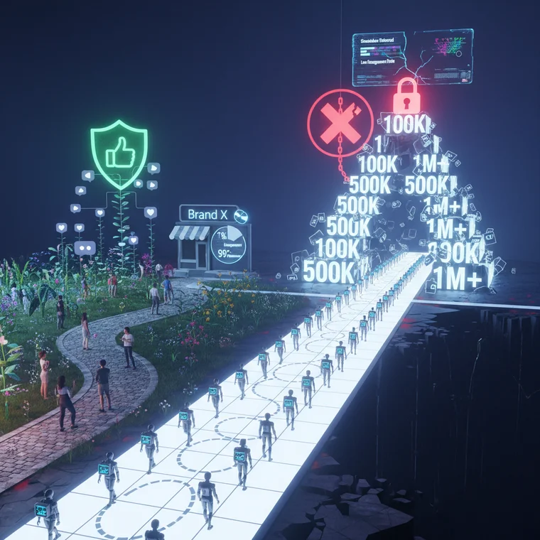 Zespół marketingowy analizujący raporty z social media, porównujący strategię follow/unfollow z autentycznym budowaniem społeczności