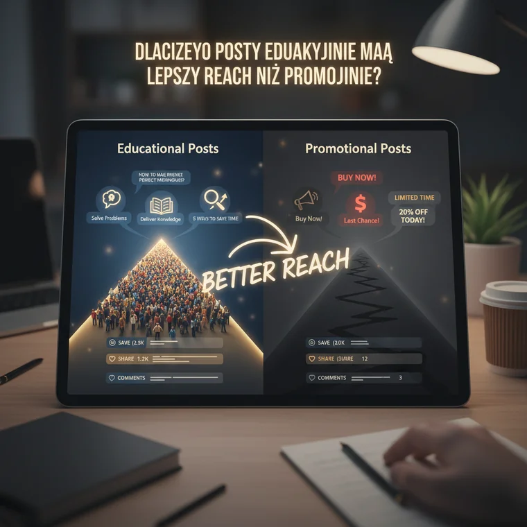 Grafika prezentująca budowanie zaufania poprzez posty edukacyjne w social media i wpływ tej strategii na zasięg i zaangażowanie społeczności
