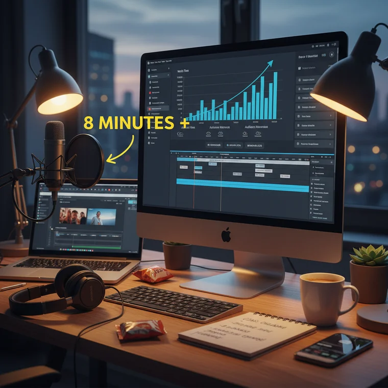 Twórca w YouTube Studio planuje punkty reklamowe w długim filmie, wykorzystując próg 8 minut dla lepszej monetyzacji
