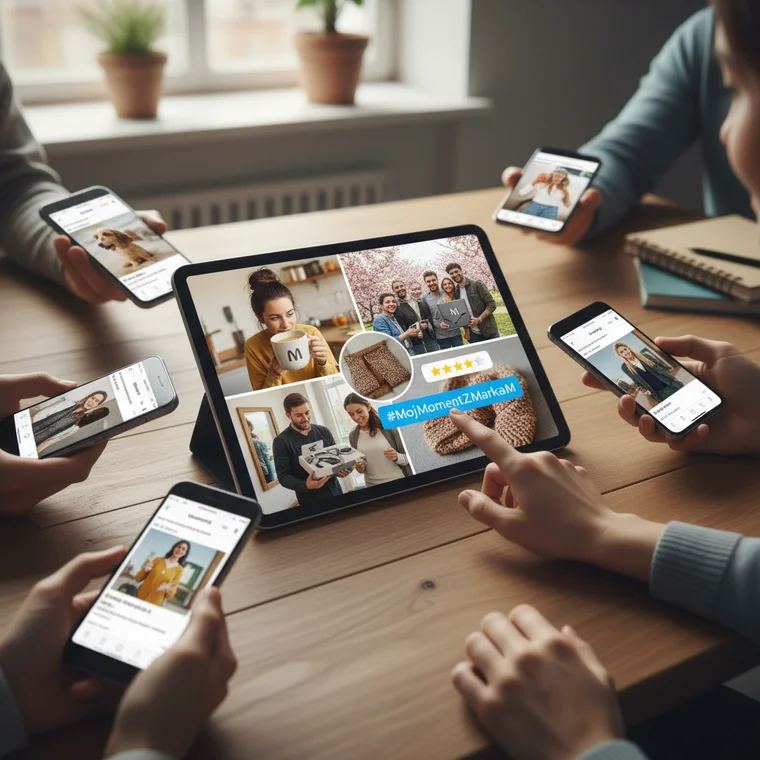 Marketer analizujący user generated content i statystyki engagement, pokazujący rosnący zasięg kampanii UGC w social media