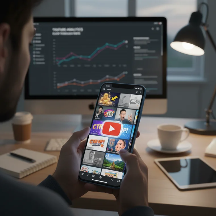 Projekt miniatury YouTube z intensywnymi kolorami, czytelnym napisem i prostą kompozycją pokazujący, jak zwiększyć CTR i wyróżnić film w wynikach