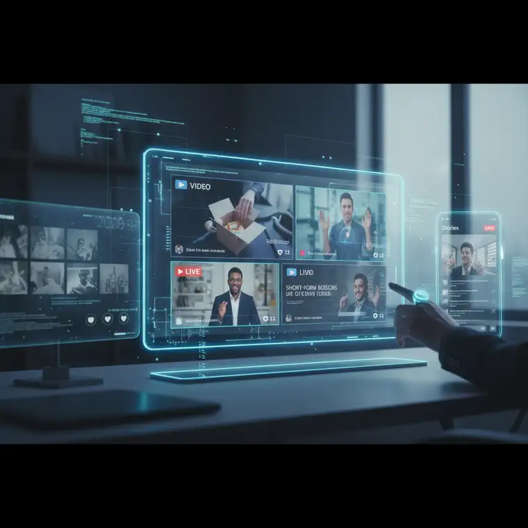 Zespół marketingowy analizuje statystyki video contentu na laptopach, planując strategię wideo dla marki w 2026 roku