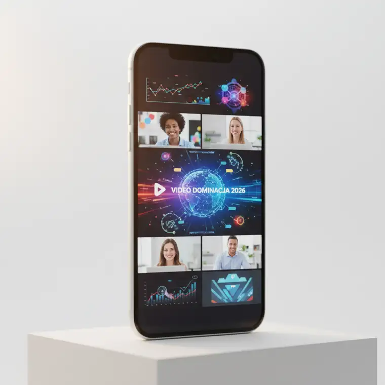 Nowoczesny twórca nagrywa video content smartfonem w pionowym formacie, ilustrując dominację wideo nad zdjęciami w marketingu online 2026