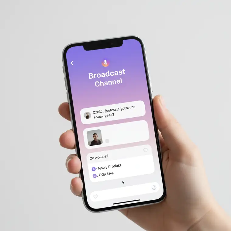 Grafika przedstawiająca twórcę korzystającego z kanału nadawczego na Instagramie, omawiającego jak działa broadcast channel i komunikującego się z zaangażowaną społecznością