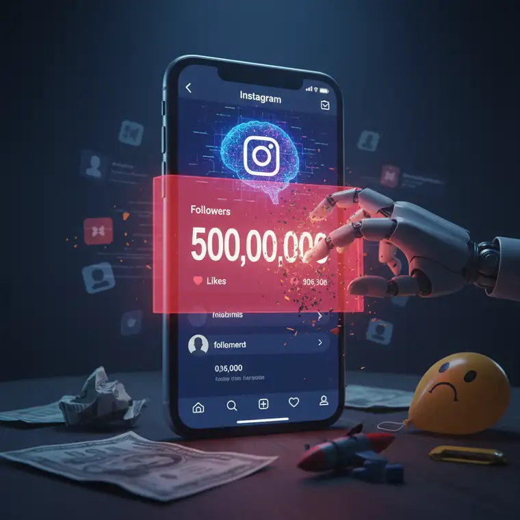 Schemat pokazujący algorytm Instagrama, który analizuje fałszywe lajki i obserwacje, aby wykrywać sztuczny wzrost profilu krok po kroku