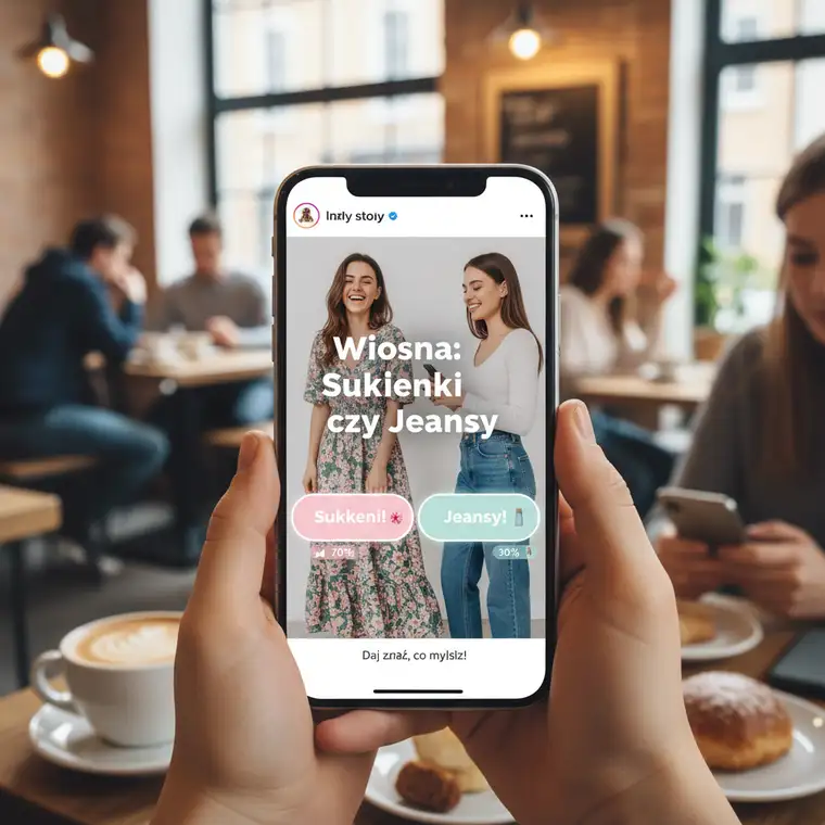 Ekran telefonu z kilkoma kreatywnymi stories z ankietami pokazujący, dlaczego stories z ankietami mają lepszy engagement niż zwykłe relacje