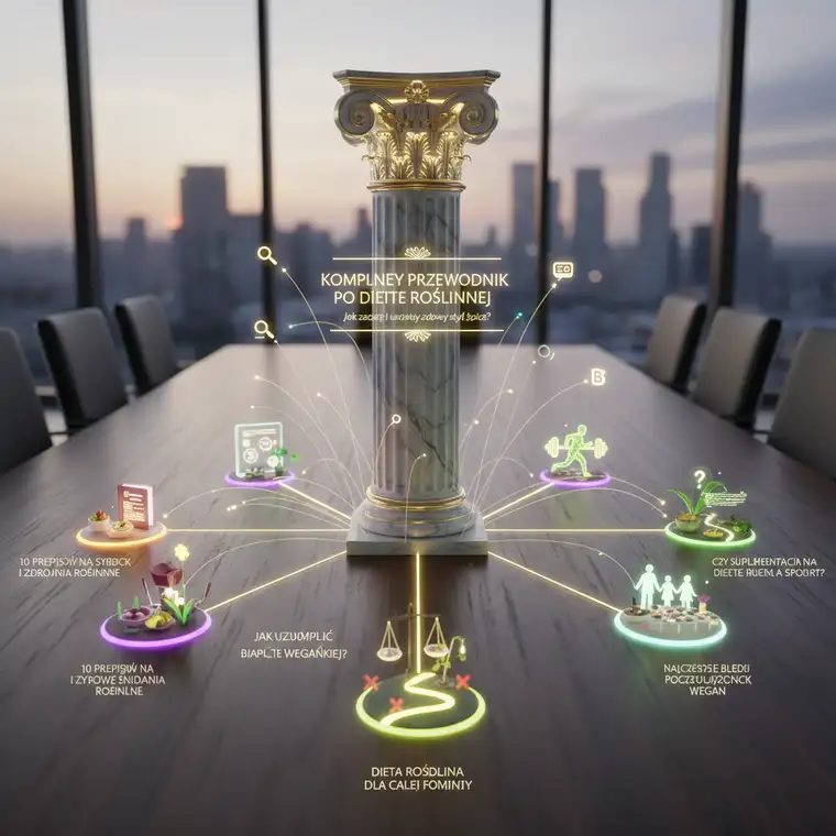 Plansza z mapą myśli: w centrum filar treści, wokół niego klastry contentu, ilustrująca planowanie strategii filarów treści