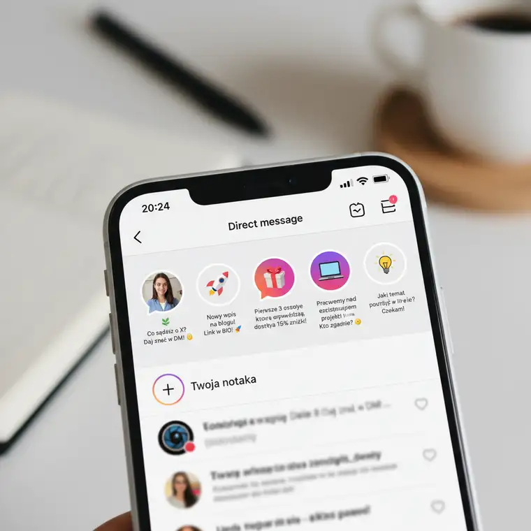 Marketingowiec analizujący statystyki Instagrama na laptopie, z zaznaczoną sekcją DM i Instagram Notes jako element strategii zasięgów