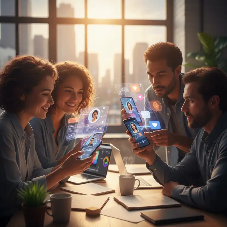 Marketer analizujący statystyki engagement postów z twarzą i bez twarzy, planujący strategię social media dla swojej marki