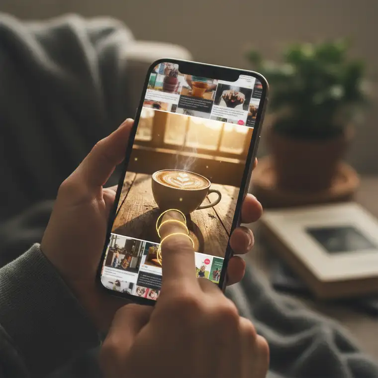 Marketer planujący scroll stopping content przy komputerze, z otwartymi social media i notatkami o nagłówkach i grafice