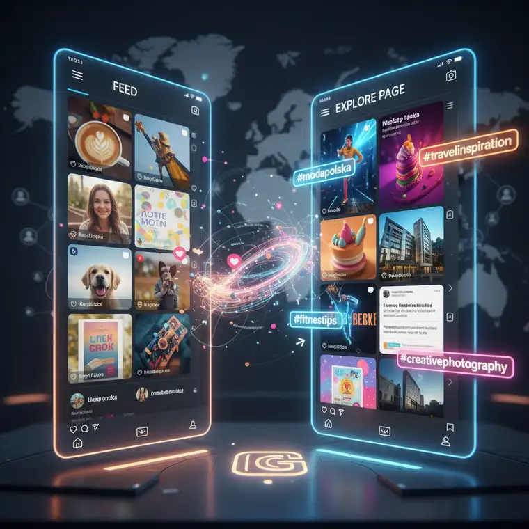 Grafika przedstawiająca strategię łączenia Feed i Explore, budowanie zasięgów i wzrost konta na Instagramie w oparciu o algorytm