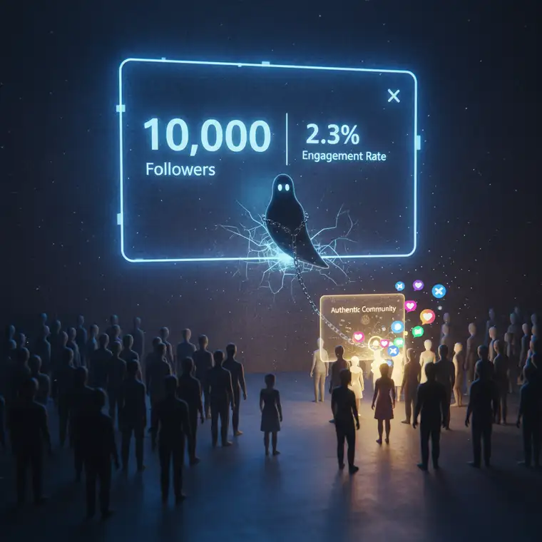 Dashboard analityczny social media pokazujący spadek ghost followers i wzrost engagement rate marki w czasie