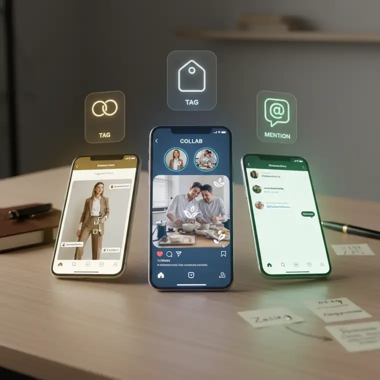 Schemat użycia funkcji tagowania i wzmiankowania na Instagramie, pokazujący różnice między oznaczeniem na zdjęciu a mention w tekście posta