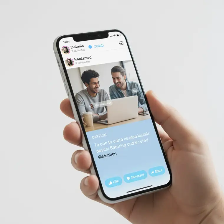 Grafika porównująca funkcje Instagram Collab vs Tag vs Mention, pokazująca różne typy oznaczeń i ich wpływ na zasięgi oraz strategię marki