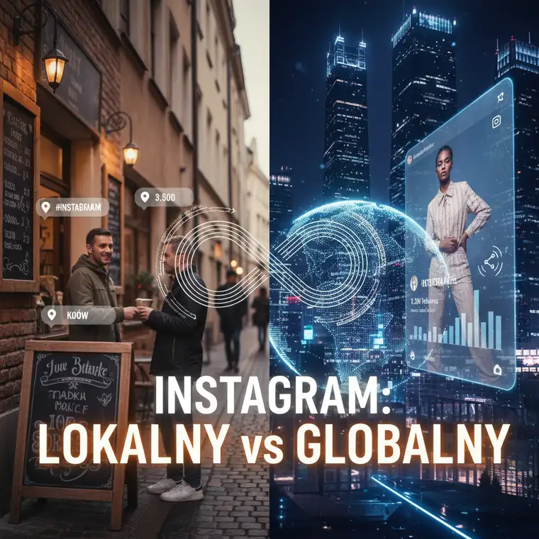 Ilustracja pulpitu z analizą statystyk Instagrama, prezentująca zasięgi lokalne i globalne oraz sposób, w jaki Instagram promuje content lokalny vs globalny