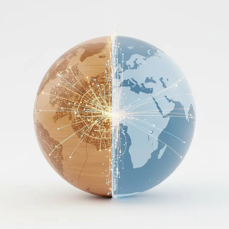 Grafika przedstawiająca telefon z Instagramem oraz podział na content lokalny i globalny, ilustrująca jak Instagram promuje content lokalny vs globalny