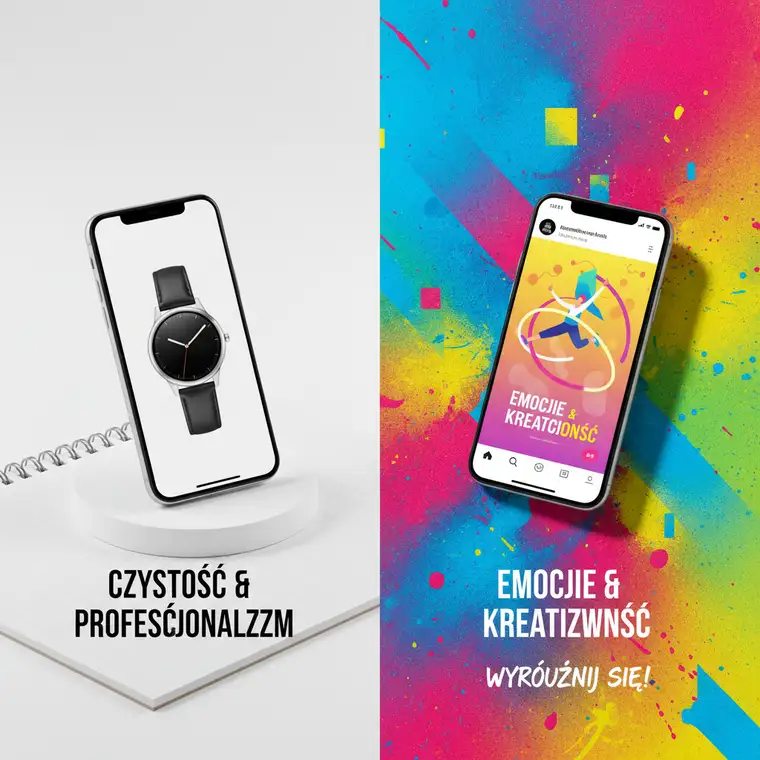 Kolorowa grafika social media z mocnym akcentem marki pokazująca różnicę między białym a kolorowym tłem w projektowaniu