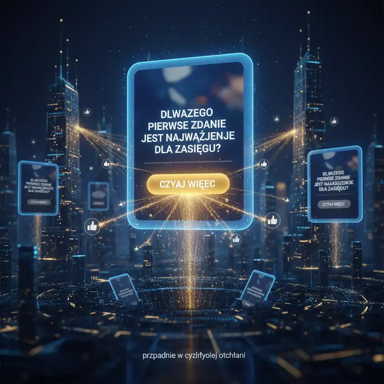 Schemat tworzenia pierwszego zdania opisu pokazany na ekranie, ilustrujący techniki przyciągania uwagi i zwiększania zasięgu postów