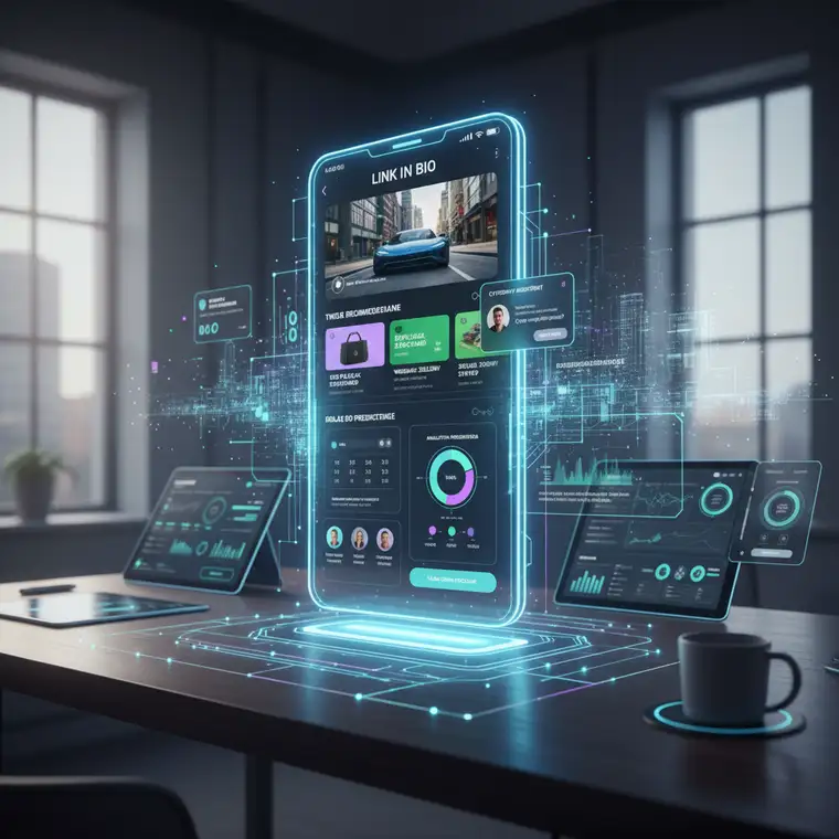 Widok nowoczesnej strony link in bio pokazującej społeczność, quizy, wideo i integracje CRM jako centrum strategii link in bio w 2026 roku