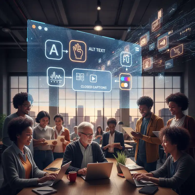 Strategia social media z elementami dostępności: napisy, alt teksty i prosty język pokazujące, dlaczego accessibility features poprawiają zasięg postów