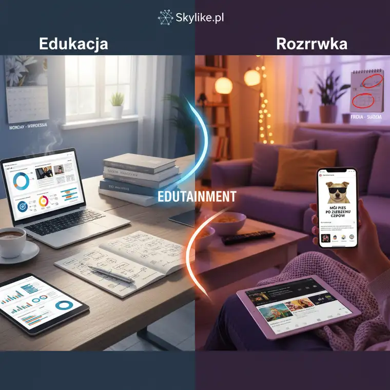 Przykłady contentu rozrywkowego i edukacyjnego w social media, marketer analizuje wyniki postów rozrywkowych i planuje kolejne publikacje