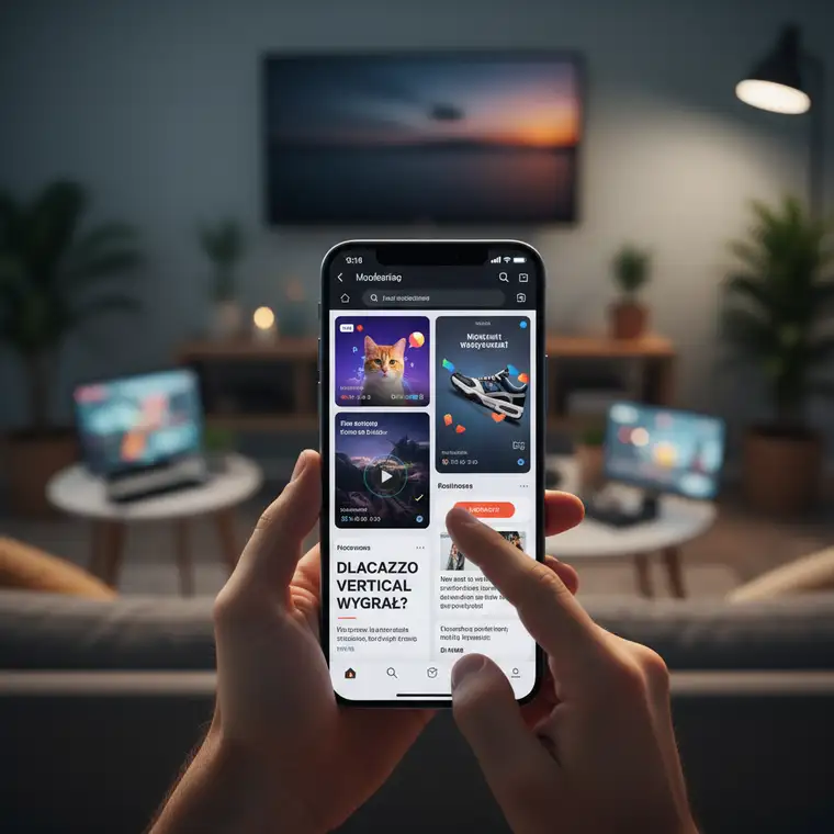 Pionowy ekran smartfona z feedem TikTok, Reels i Shorts, pokazujący dominację vertical video w strategii mobile marketingu