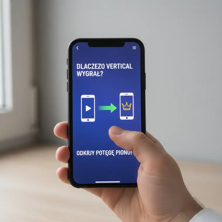 Marketer analizujący vertical format kampanii mobilnej na smartfonie, w otoczeniu ikon social media, reklamy i wideo 9:16